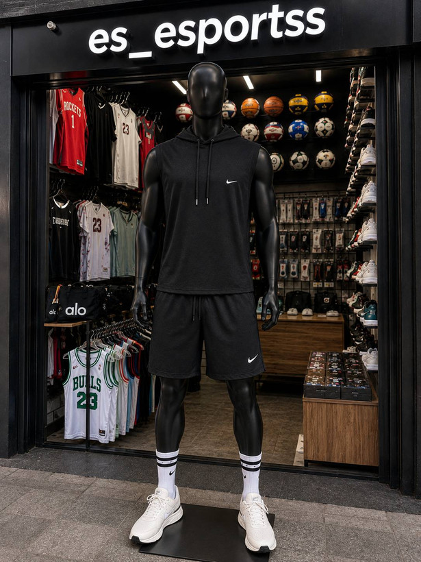 ست ورزشی مردانه مشکی طرح Nike | هودی بدون آستین و شلوارک